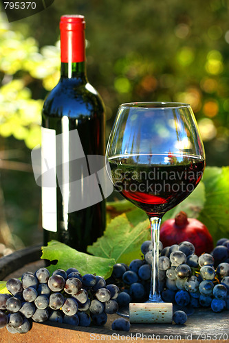 Image of Glass of red wine with bottle and grapes