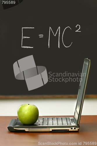 Image of Desk with laptop and green apple