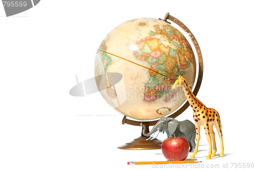 Image of Globe with toy animals and apple on white