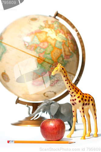 Image of Globe with toys animals on white