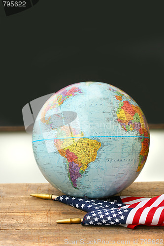 Image of Globe and flag on school desk