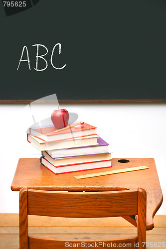 Image of Old school desk with a stack of books