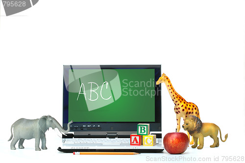 Image of Laptop on desk with toy animals and apple