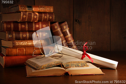 Image of Pile of old books with glasses on desk