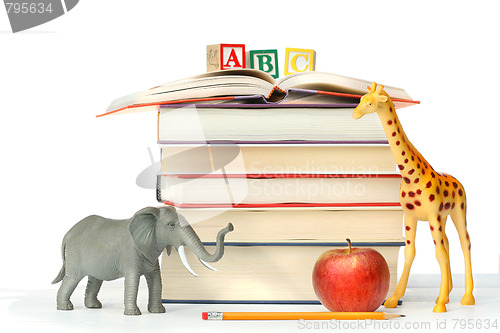 Image of Stack of books with toy animals 