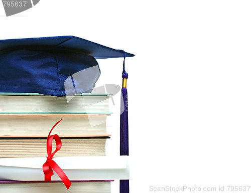 Image of Stack of books with cap and diploma on white