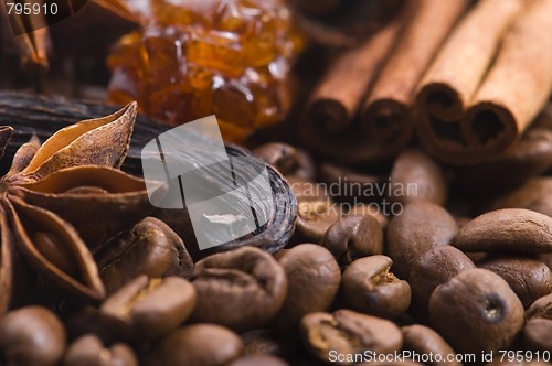 Image of aroma coffe. ingredients. coffe beens, anise, vanilla, cinnamon,