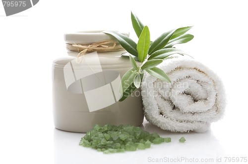 Image of fresh olive branch and bath salt. spa