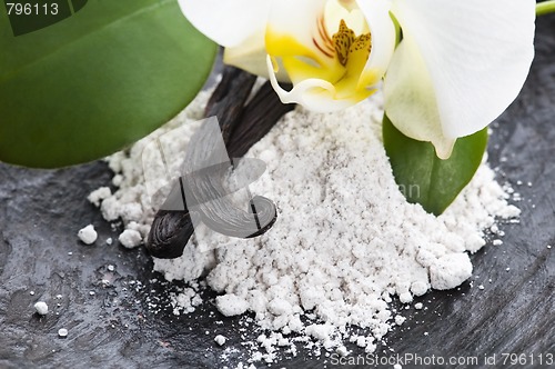 Image of vanilla beans with aromatic sugar and flower
