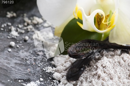 Image of vanilla beans with aromatic sugar and flower