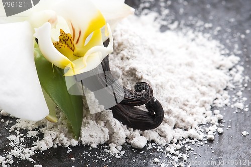 Image of vanilla beans with aromatic sugar and flower