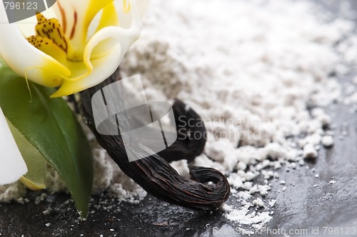 Image of vanilla beans with aromatic sugar and flower