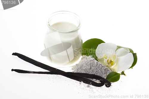 Image of vanilla beans with aromatic sugar, milk and flower