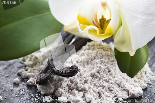 Image of vanilla beans with aromatic sugar and flower