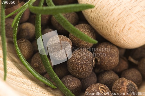 Image of Mortar with fresh herbs and allspice berries