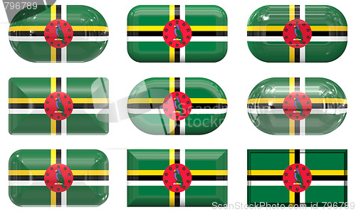 Image of nine glass buttons of the Flag of Dominica