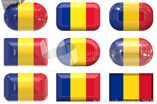 Image of nine glass buttons of the Flag of Romania