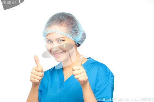 Image of nurse is showing thumbs-up