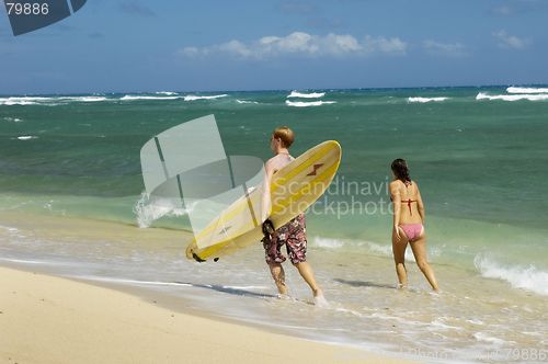 Image of Young couple walking on a hawaiian beach