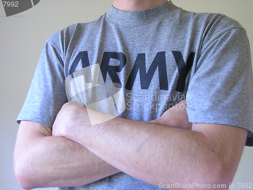 Image of Man in army t-shirt, arms crossed