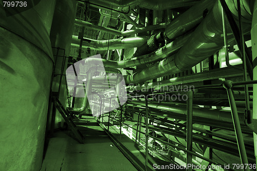 Image of Pipes, tubes, machinery and steam turbine at a power plant
