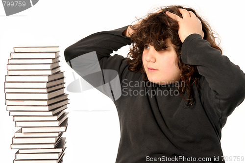 Image of boy surprised and many books