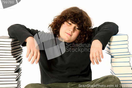 Image of boy unhappy and many books