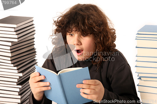 Image of boy surprised and many books