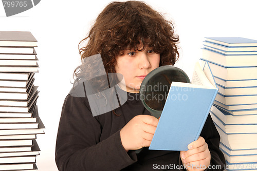 Image of boy reading a book with lens