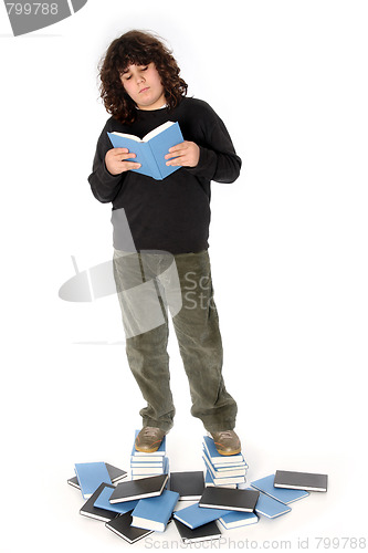 Image of boy on stack of books