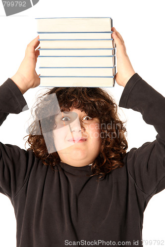 Image of boy with books on head