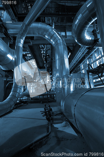 Image of Pipes, tubes, machinery and steam turbine at a power plant