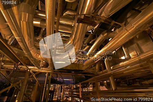 Image of Pipes, tubes, machinery and steam turbine at a power plant