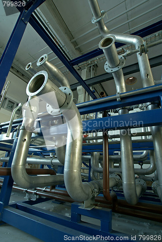 Image of Pipes, tubes, machinery and steam turbine at a power plant