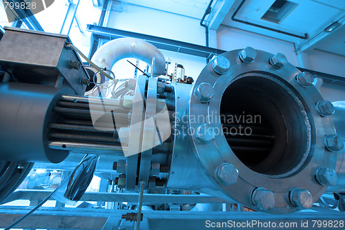 Image of Pipes, tubes, machinery and steam turbine at a power plant