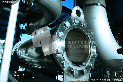 Image of Pipes, tubes, machinery and steam turbine at a power plant