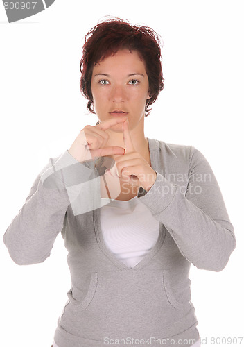 Image of hand demonstrating, "D" in the alphabet of signs 