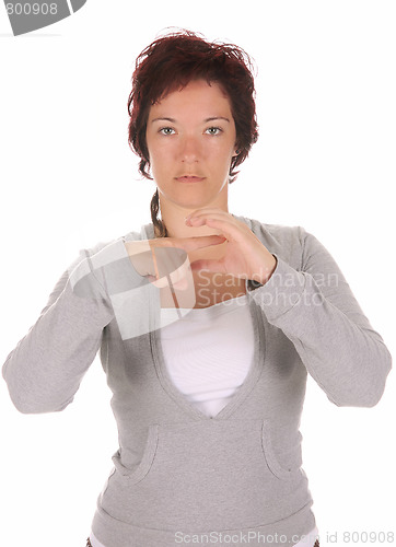 Image of hand demonstrating, "E" in the alphabet of signs 