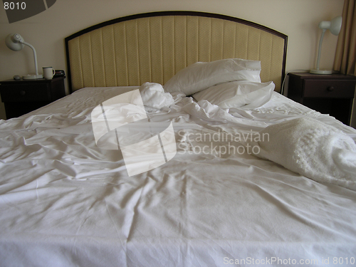 Image of Hotel bed after use.