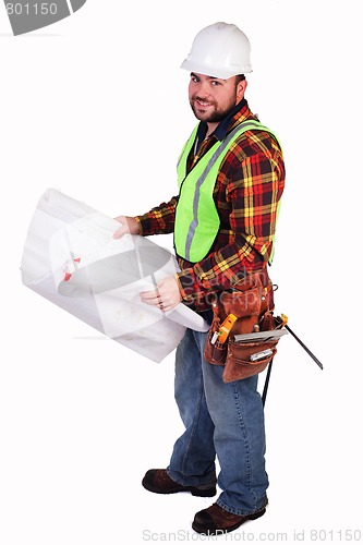 Image of Friendly Construction Worker with Blueprints