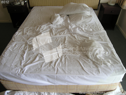 Image of Used motel room bed.