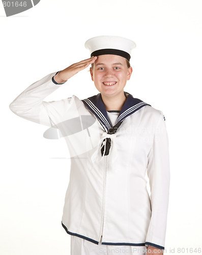 Image of young sailor saluting isolated white background