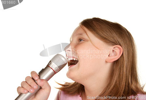 Image of young girl singing karaoke on white