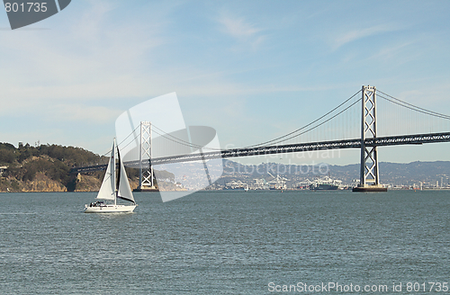 Image of Sailboat, island and a bridge