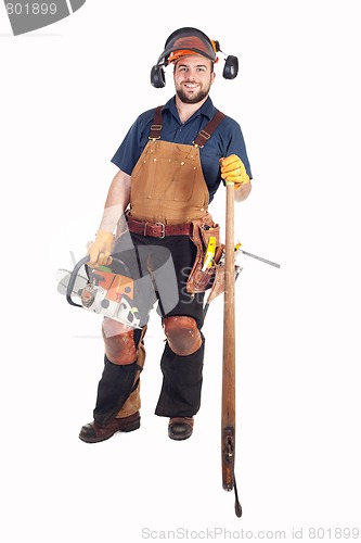 Image of Logger with Chainsaw and Log Hook