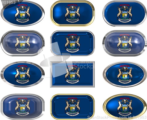 Image of 12 buttons of the Flag of Michigan