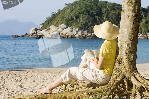 Image of Woman reading a book on a beach