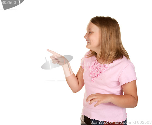 Image of I can touch it young pointing on white