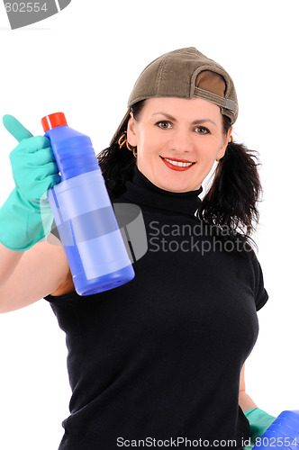 Image of woman with red and blue bottle