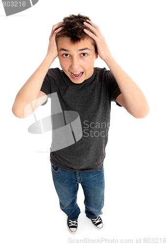 Image of Stressed boy hands to head